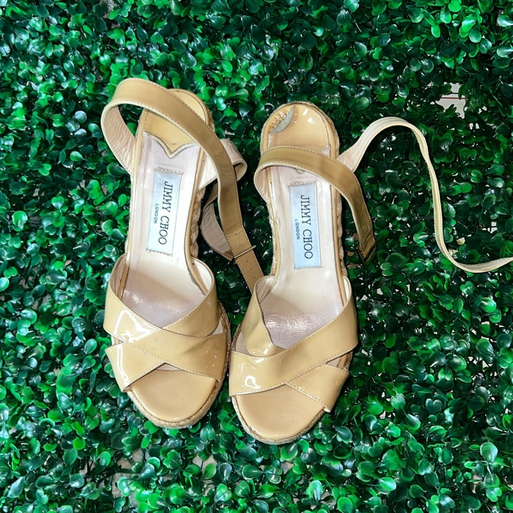 Jimmy Choo Porto Patent Espadrille Wedge, Nude Size 37